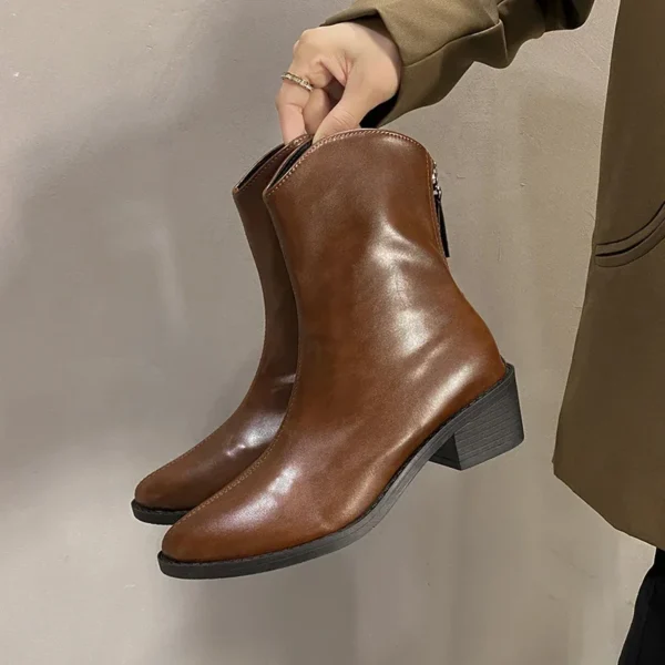 Women Pointed Toe Soft Leather Ankle Boots Winter Woman Fashion Back Zipper Pu Leather Short Booties Retro Style Outfit Boots - Image 2