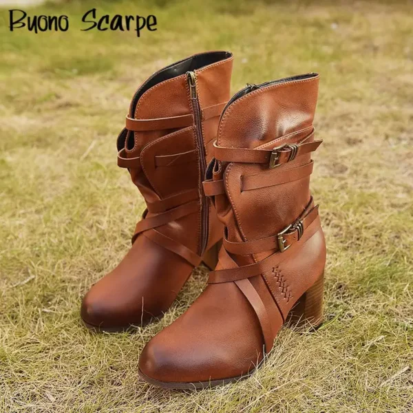 Large Size Thick Sole Women's Boots Double Belt Buckle Retro Leather Ankle Modern Boots Designer All Match Increasing Shoes Lady - Image 3