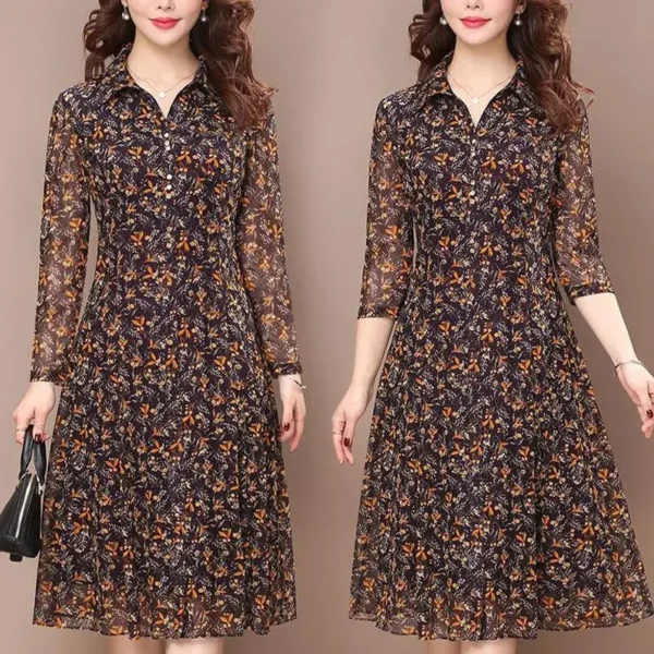 Long Sleeve Dress Women Floral Print Elegant Turndown Collar Summer Female Clothing Slim All-match Casual Button Midi Dress Robe - Image 5