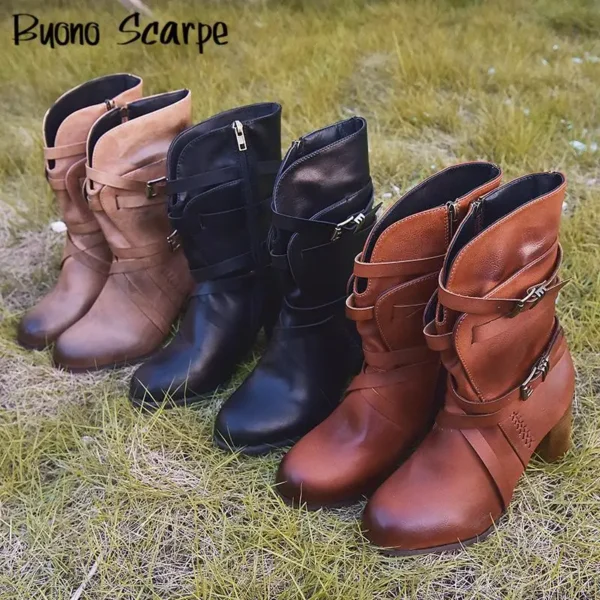 Large Size Thick Sole Women's Boots Double Belt Buckle Retro Leather Ankle Modern Boots Designer All Match Increasing Shoes Lady - Image 2