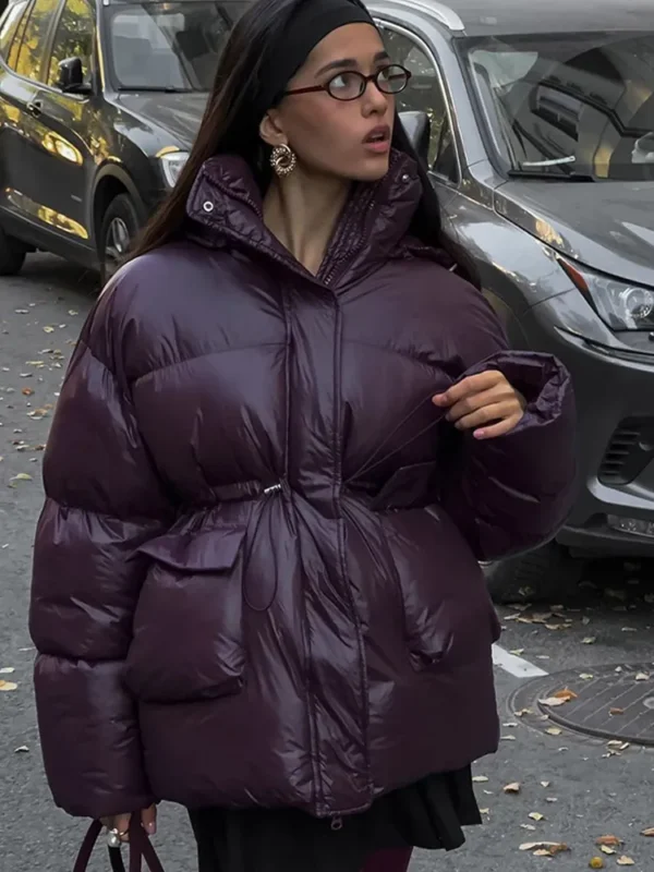 2024 New Burgundy Winter Warm Down Jacket Women Elegant Stand Collar Lace Up Pocket Cotton Coats Autumn Female Street Outerwear - Image 5