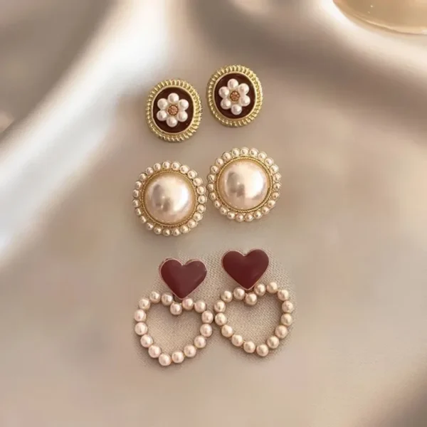 Silver Needle Wine Red Retro Hong Kong Style No Pierced Female Temperament High Sense Pearl Earrings High Sense Earrings Jewelry - Image 3