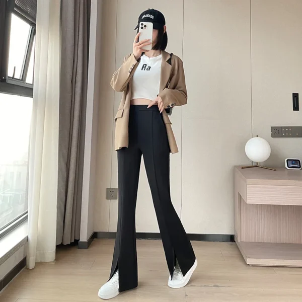 Spring Autumn New Fashion High Waist Elastic Solid Women's Clothing Bell-bottoms Pockets Hanging Down Korean Simplicity Pants