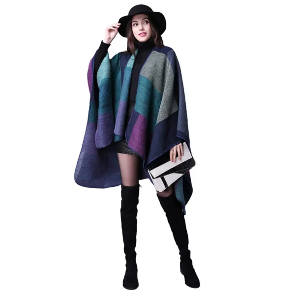 Thicken Winter Shawl Wraps Cape Women Fall Ponchos Plus Size Block Plaid Open Front Sweater Fleece Scarf Coat Holiday Outfits - Image 4