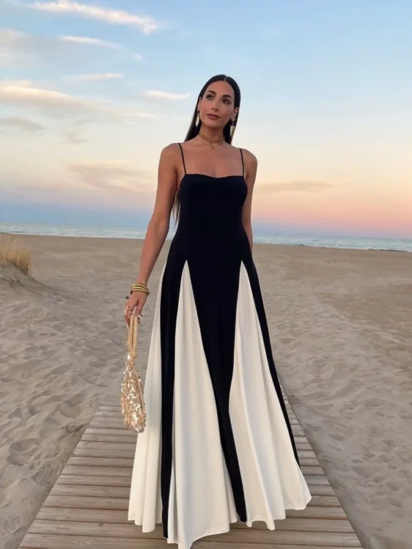 Elegant Black White Contrasting Women Sling Dress Fashion Backless Sleeveless High Waist Maxi Dresses Female Party A-line Robes - Image 3