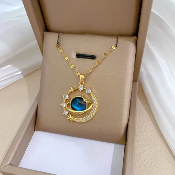 Luxury Inlaid Zircon Planet Moon Pendant Necklace For Women Titanium Steel Butterfly Water Drop Clavicle Chain Charm Jewelry - Image 3