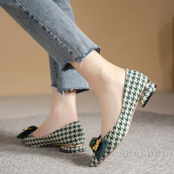Shoes for Women 2024 New Slip on Women's Flats Autumn Pointed Toe Mixed Colors Houndstooth Butterfly-knot Shallow Mouth Shoes - Image 2
