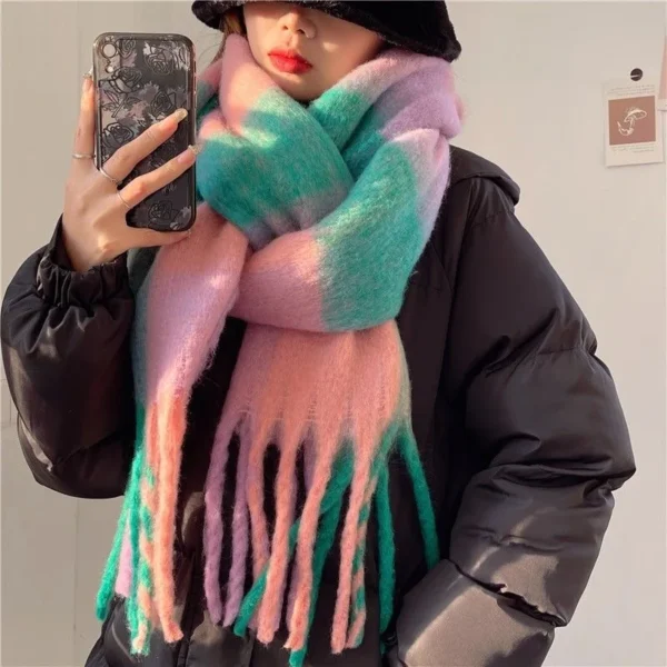 2024 Winter Thick Warm Scarf Women Cashmere Shawl and Wraps Pashmina Neckerchief Bufanda Female Rainbow Hairy Tessel Echarpe New - Image 3