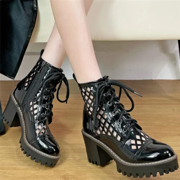 Hollow Gladiator Sandals Women Lace Up Genuine Leather High Heel Ankle Boots Female Summer Round Toe Platform Pumps Casual Shoes - Image 3