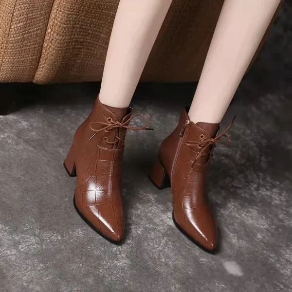 2024 Autumn and Winter New Leather High-heeled Small Short Boots Women's Thick-heeled Nude Boots Short Ankle Boots Women Shoes - Image 2