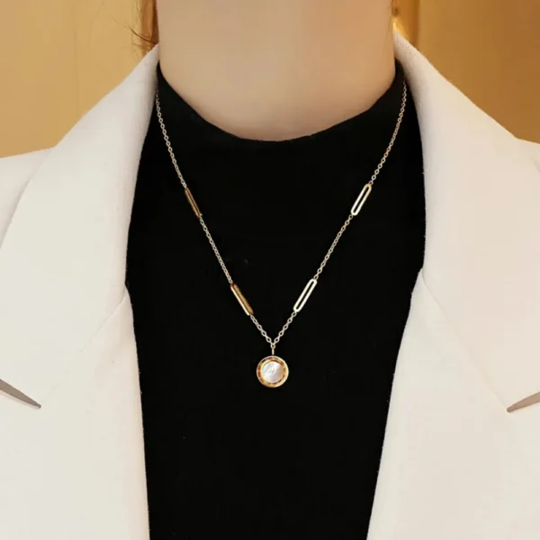 Classic Stainless Steel Roman Digital Wafer Pendant Necklace for Women Charm Geometry Round Shell Choker Chains Jewelry Gifts - Image 4