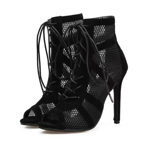 Sexy High Heels Hollow Mesh Sandals Women Summer Cross-tied Peep Toe Heeled Sandals Ankle Strap Dance Shoes Black Net Sandals - Image 6