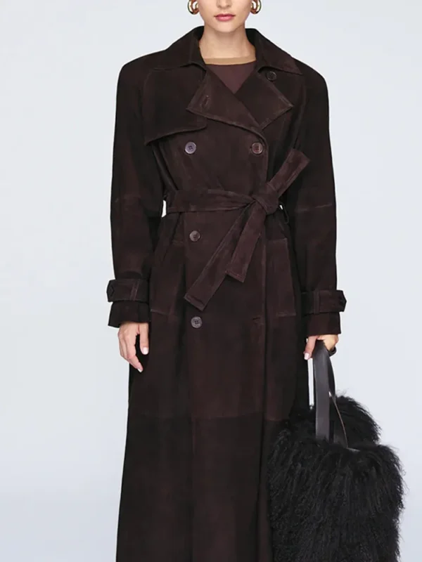Brown Suede Leather Women Winter Coats With Belt Vintage Lapel Double Breasted Coat Ladies 2024 New High Street Trench Outerwear - Image 6