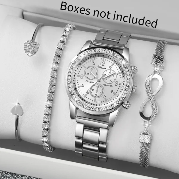 Women Fashion Silver Color Stainless Steel Quartz Watch & Silver Beads Jewelry Set - Image 2