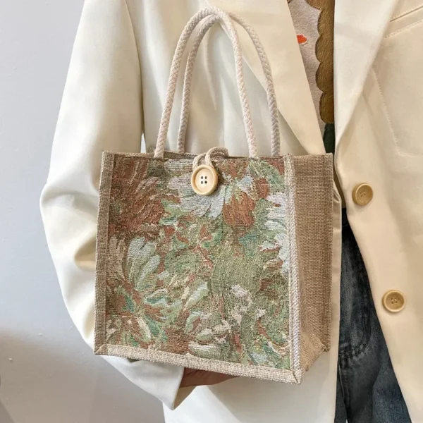 Student Handbag New Open Korean Canvas Bag Fashion Flower Design Buckle Lunch Box Bag Small Square Bag for Women - Image 3