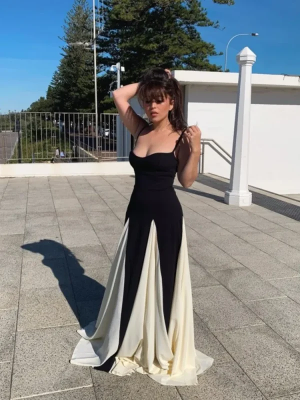 Elegant Black White Contrasting Women Sling Dress Fashion Backless Sleeveless High Waist Maxi Dresses Female Party A-line Robes - Image 4