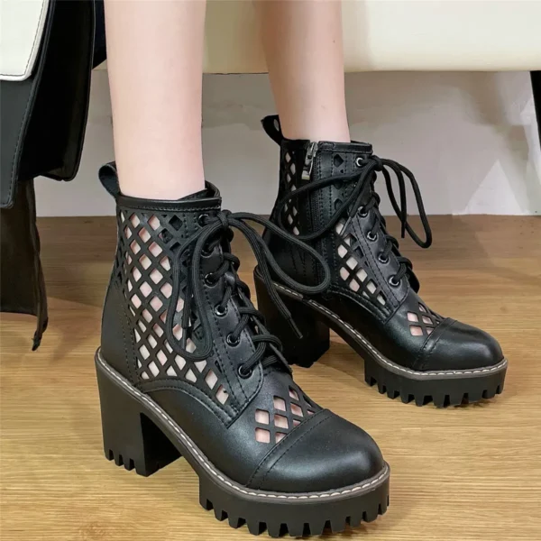 Hollow Gladiator Sandals Women Lace Up Genuine Leather High Heel Ankle Boots Female Summer Round Toe Platform Pumps Casual Shoes - Image 4