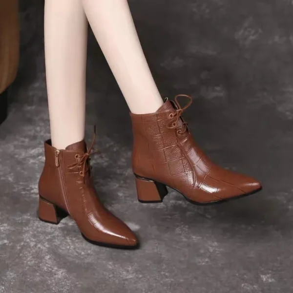 2024 Autumn and Winter New Leather High-heeled Small Short Boots Women's Thick-heeled Nude Boots Short Ankle Boots Women Shoes
