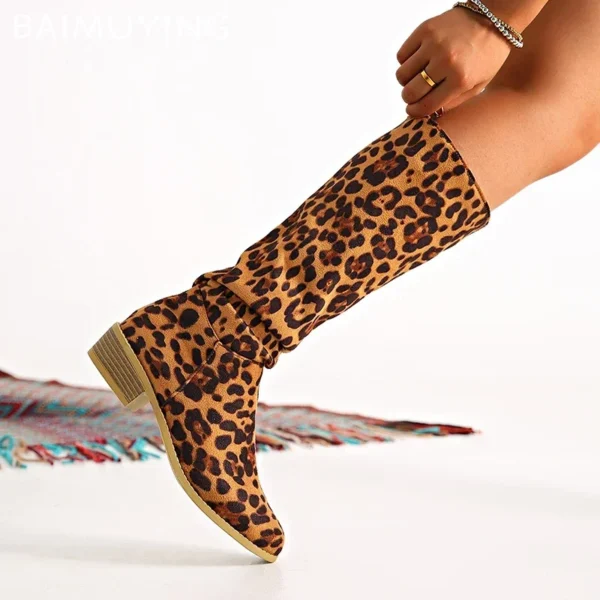 Leopard Women High Boots Sexy Chunky Pointed Toe Knee High Shoes Woman 2024 Trend Winter New Gladiaotor Motorcycle Botas Mujer - Image 5