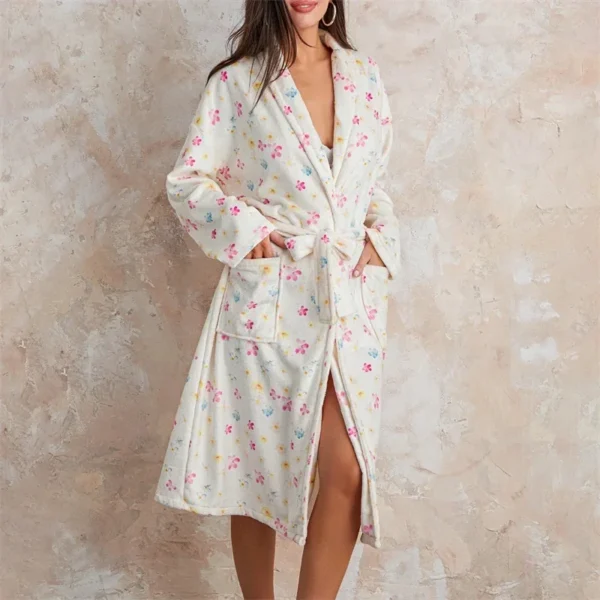 Women Flannel Robe Home Sleepwear Floral Print Shawl Collar Bathrobe Kimono Robe with Belt Winter Warm Pajamas Clothes - Image 2